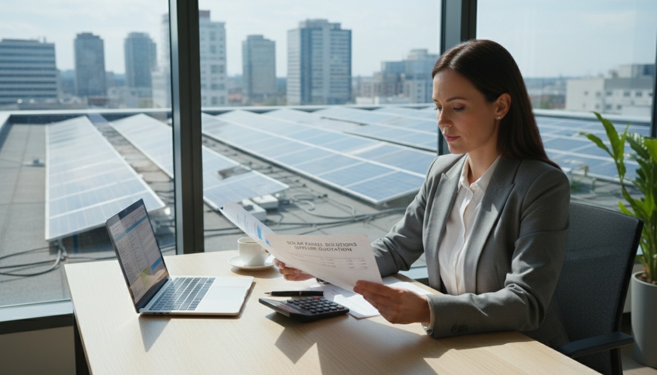 Solar buyer reviewing a solar panel supplier quotation with rooftop PV project in the background for procurement price delivery warranty and documentation evaluation